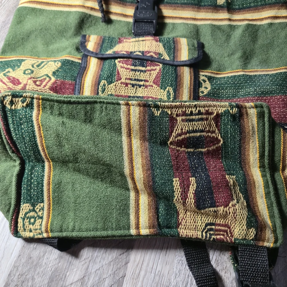 Unbranded OS Vintage Baja Woven Tapestry Backpack Boho Aztec Green Maroon - Picture 3 of 10